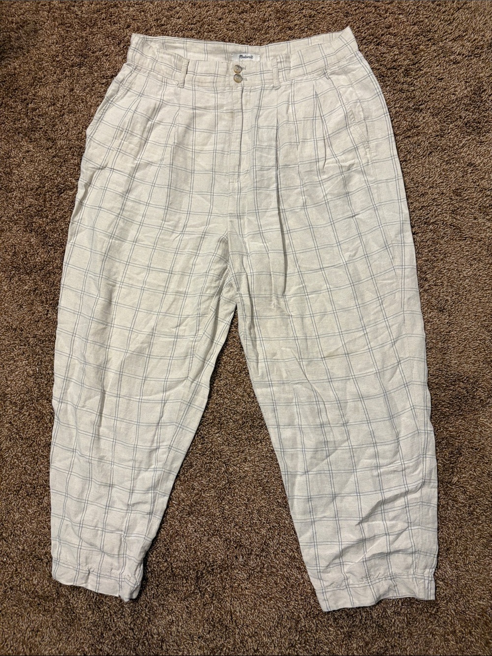 Madewell Cream and Navy Windowpane Linen Barrel Leg Trousers